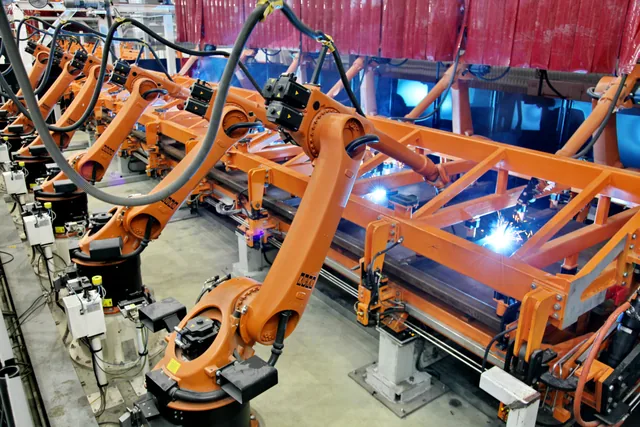 Welding equipment on a freight-car production line.