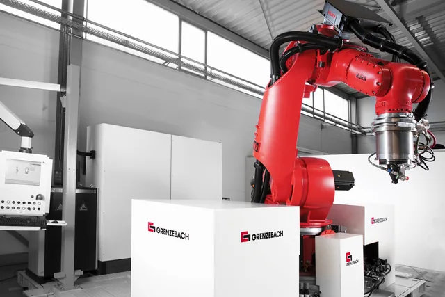 Industrial robotic arm in a friction stir welding installation.